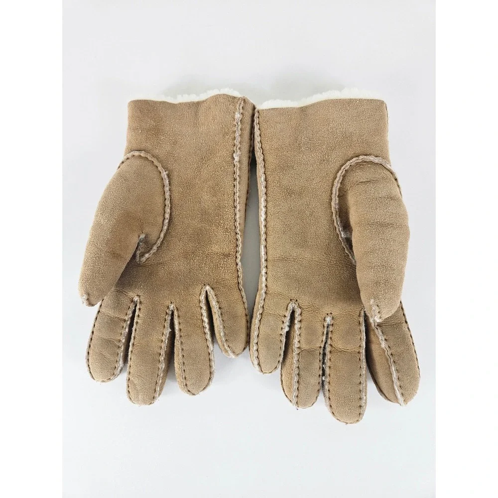 UGG Australia Womens Chestnut Suede Shearling Lined Gloves Tan Sheepskin Fur L
